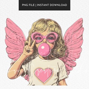 Retro Cupid Valentines Day Blowing Bubble PNG, Vintage Valentines Day png, Funny Cupid With Sunglasses png, Valentines Day png, Cupid png