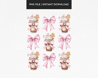 Weihnachtskaffee PNG | Kokette rosa Schleifen, Lebkuchen, Aquarell (Digitaler Download)