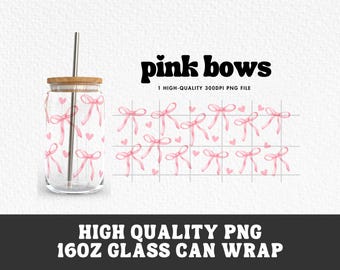 Pink Bows Glass Can Wrap PNG, 16oz Libbey Cup (Digital Download)