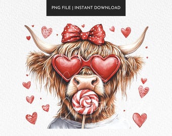 Valentine Highland Cow PNG, Retro Heart, Coquette Sublimation (Digital Download)