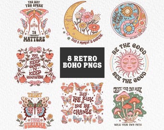 Retro Boho PNG Bundle, trendige Designs (digitaler Download)