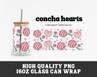 Valentines Concha Hearts 16 Oz Glass Can Wrap PNG (Digital Download)