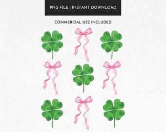 Clipart di San Patrizio con motivo civettuolo, trifoglio e fiocco rosa (file PNG)