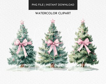 Christmas Tree Clipart, Pink Bow, Watercolor PNG (Digital Download)