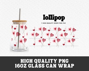 Lollipop Valentines Day Glass Wrap PNG, 16oz Can (Digital Download)