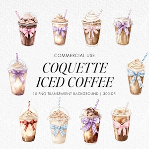 Café y moños Clipart, Café helado PNG, Café helado con moño rosa acuarela, Café coqueto, Café con moño Toile PNG, Descarga digital