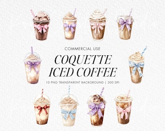 Watercolor Iced Coffee Clipart, Pink Bows, Coquette PNG (Digital Download)