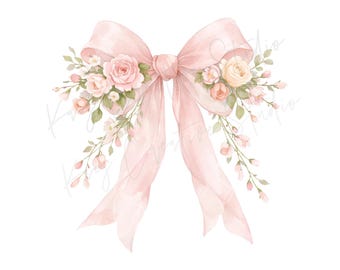 Pink Coquette Ribbon Bow Watercolor Clipart, Floral PNG, (Digital Download)