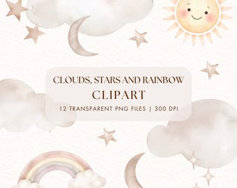 Watercolor Cloud Moon Stars Clipart, Neutral Night Sky Rainbow (Digital Download)