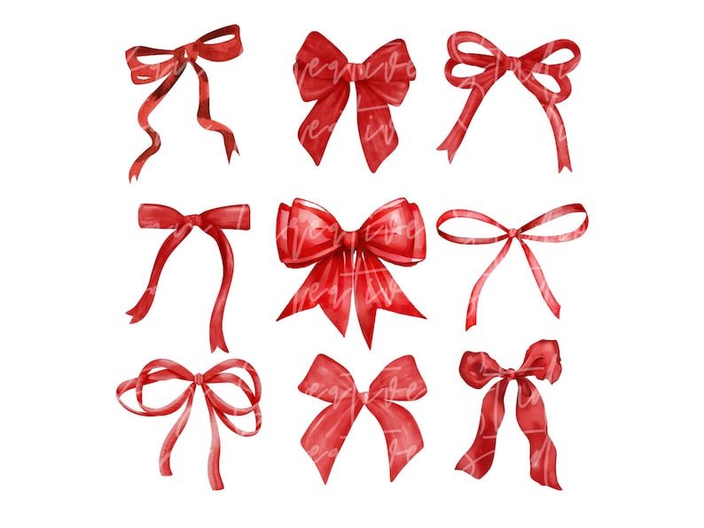 Op de afbeelding: Negen rode aquarel linten, elk met een andere vorm en stijl. De linten zijn ge&iuml;soleerd op een witte achtergrond.