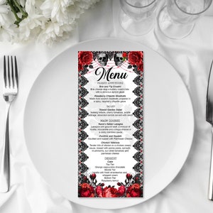 Editierbares Halloween Hochzeitsmenü, Gothic Hochzeitsmenü, Halloween-Party-Menü, Oktoberhochzeiten, rote Rosenschädel, ID189
