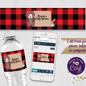 Editable Buffalo Plaid Woodland Lumberjack Bottled Water Labels, ID142