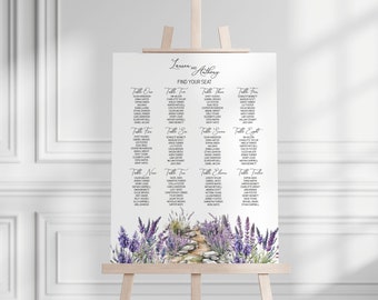 May include: A wedding seating chart with a lavender theme. The chart is printed on white paper and features a path of stones with lavender flowers on either side. The names of the guests are listed under each table number.