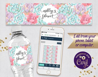 May include: Water bottle label with a pink and green succulent floral design. The label says "ashley's shower".
