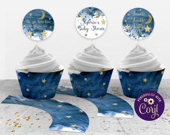 Twinkle Twinkle Little Star Cupcake Wrappers For Gender Reveals, Baby Showers Party Supplies, Stars And Moon Themed Parties, Nursery Rhyme Themes. Set Of 24 Reversible Scalloped Cup Cake Holder Wraps