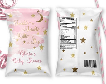 Pink /& Yellow Stars Moon Cloud African American Baby Girl Digital Instant Download Twinkle Little Star Printable Chip Bags