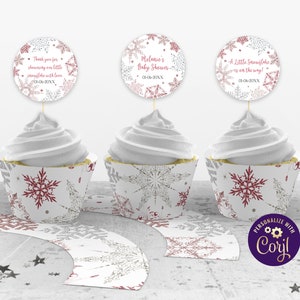 Editable Snowflake Cupcake Toppers and Wrappers Girls Winter Wonderland Baby Shower Pink Template Download, ID207