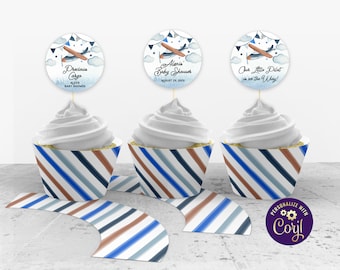 Vliegtuig Cupcake Toppers en Cupcake Wrappers, Reizen Baby Shower, Vliegtuig Cake Toppers, Vintage Vliegtuig, Vliegtuig Party Decor, ID192