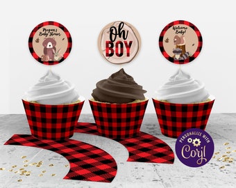 Buffalo Plaid Edytowalne ozdoby na babeczki na baby shower Lumberjack Woodland Animals, ID142