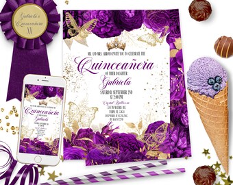 May include: Purple and gold Quinceañera invitation with a floral design and butterflies. The invitation text reads "MR. AND MRS. ARROJO INVITE YOU TO CELEBRATE THE QUINCEAÑERA OF THEIR DAUGHTER GABRIELA SATURDAY SEPTEMBER 2ND AT 2:00 PM Crystal Ballroom 547 W WATERS RD. TOPS, FL 32664 RSVP MARIA 222-222-2222 AUGUST 27TH"