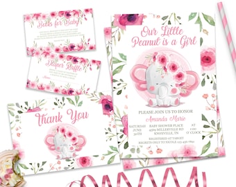 Elephant Baby Shower Invitation Set Girl, Baby Shower Bundle, Pink, Digital File, ID132