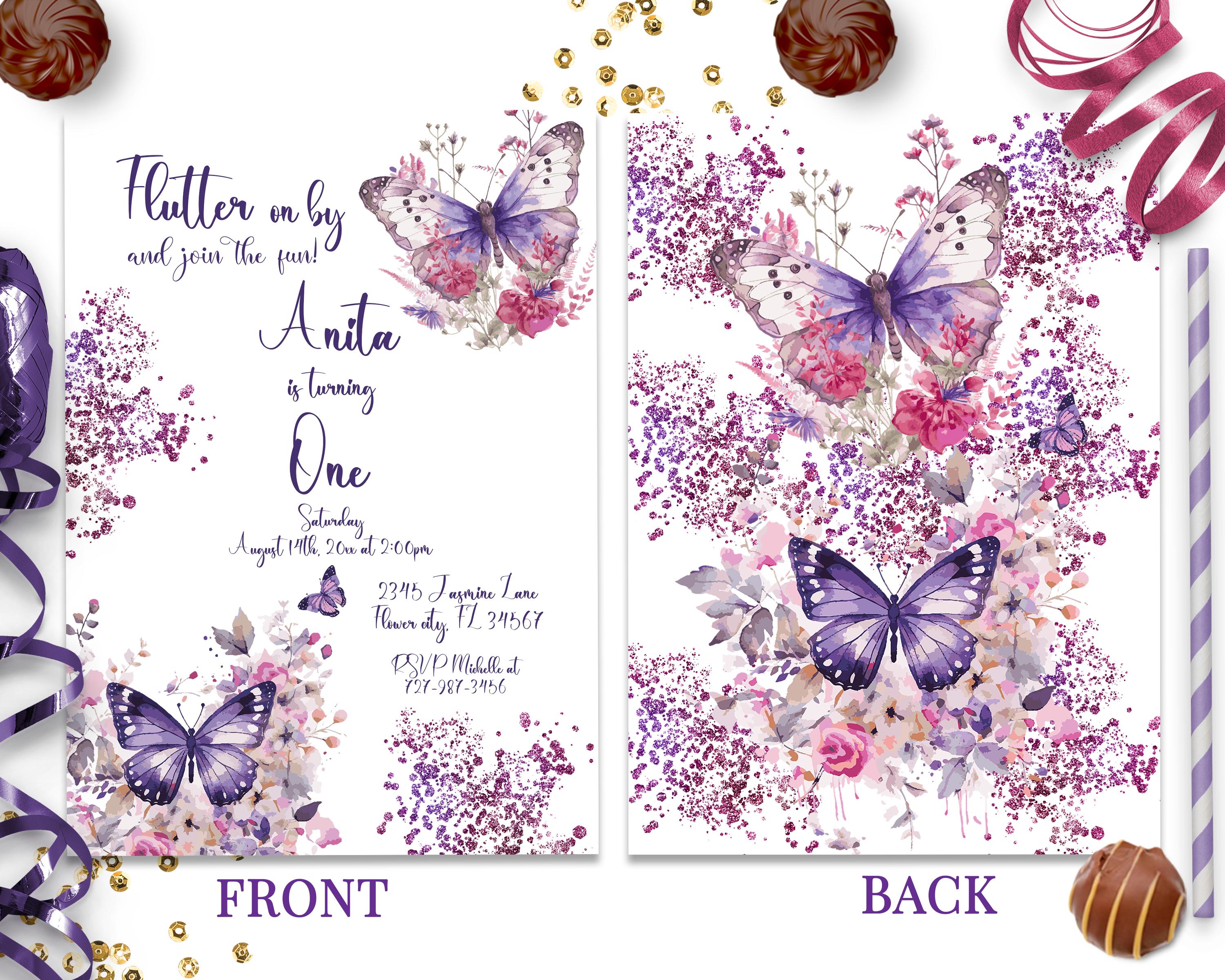 Editable Butterfly First Birthday Invitation Purple Butterflies First ...