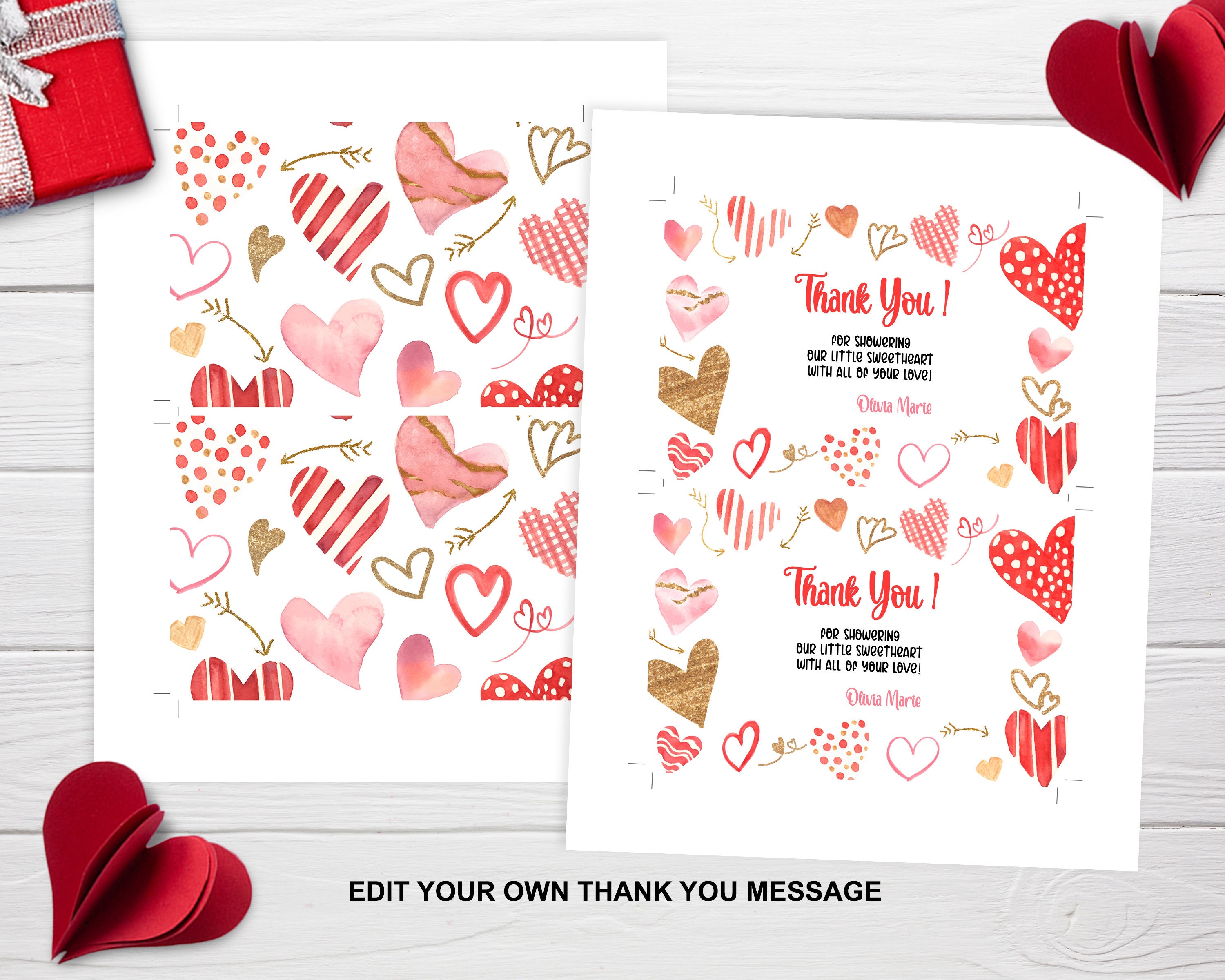 Editable Valentines Day Thank You Cards Heart Baby Shower Thank You ...