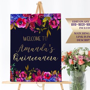 Fuschia Floral Quinceanera Segno di benvenuto, Segno modificabile, ID143