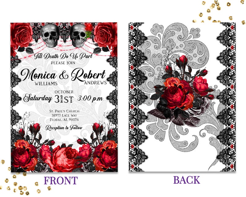 Puede incluir: Una invitaci&oacute;n de boda con un tema g&oacute;tico. La invitaci&oacute;n presenta un borde de encaje negro, rosas rojas y dos calaveras. El texto dice "Till Death Do Us Part" e incluye los nombres Monica & Robert, la fecha 31 de octubre y la hora 3:00 pm. La parte posterior de la invitaci&oacute;n presenta un borde de encaje negro y un ramo de rosas rojas.