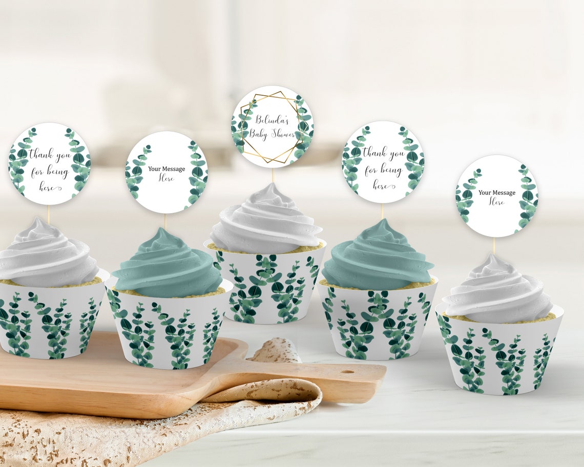 Greenery Cupcake Toppers and Cupcake Wrappers Eucalyptus Baby Etsy