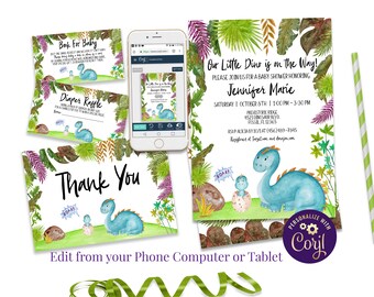 May include: A baby shower invitation with a blue and green dinosaur theme. The invitation features a blue dinosaur with a smaller dinosaur in an egg. The text reads "Our Little Dino is on the Way!" and includes the name "Jennifer Marie".