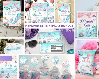 May include: A mermaid-themed first birthday party bundle with various printable items, including a welcome sign, invitations, cupcake toppers, favor tags, and a cake topper. The design features a pink and blue mermaid with a sparkly tail and seashells.