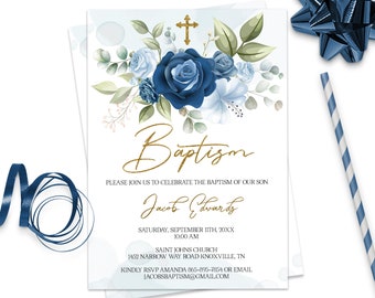 May include: Baptism invitation with blue and gold floral design. The invitation includes the text "Baptism", "Please join us to celebrate the baptism of our son", the name "Jacob Edwards", and event details. A gold cross is at the top.