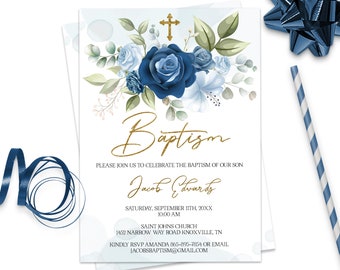 Blue Floral Baptism Invitation Boy Instant Download, ID169