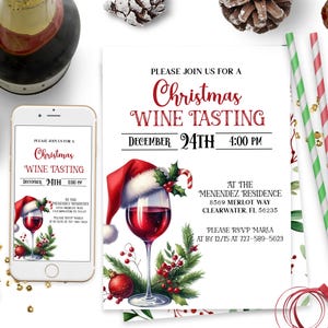 Editable Christmas Wine Tasting Invitation Christmas Cocktails Wine Holiday Party Friends & Family Gathering Mobile Phone Invites ID109