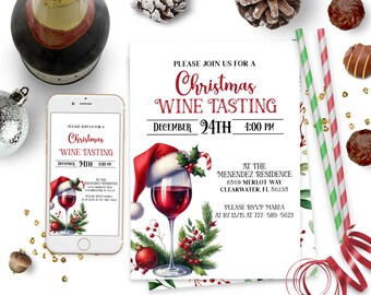 Invitación editable para cata de vinos navideños, cócteles navideños, vino, fiestas navideñas, reuniones familiares y de amigos, invitaciones para teléfono móvil ID109