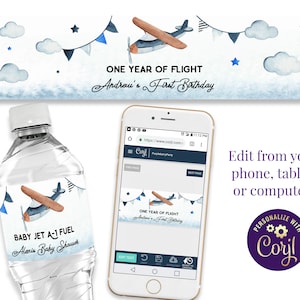 Editable Airplane Birthday Water Bottle Labels First Birthday Airplane Party Vintage Airplane Water Bottle Label Airplane Decor, ID192