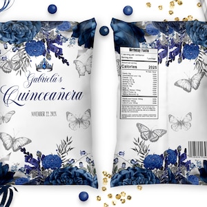 May include: White chip bag featuring a blue and silver floral and butterfly design. The text "Gabriela's Quinceañera" is displayed, along with the date November 22, 2021. The bag also includes a nutrition facts label.