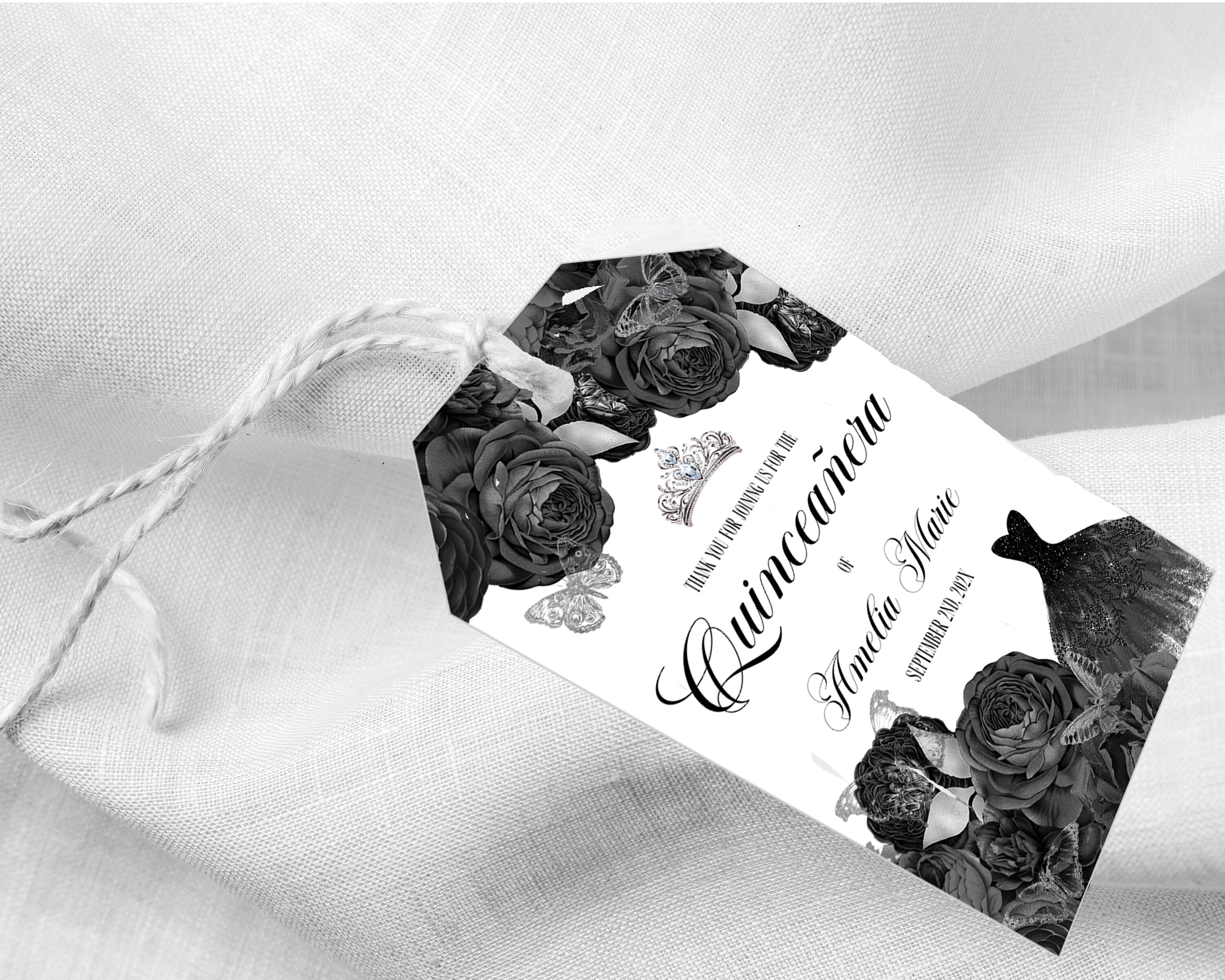 Quinceanera Favor Tags With Black Roses and Silver Butterflies Mis ...