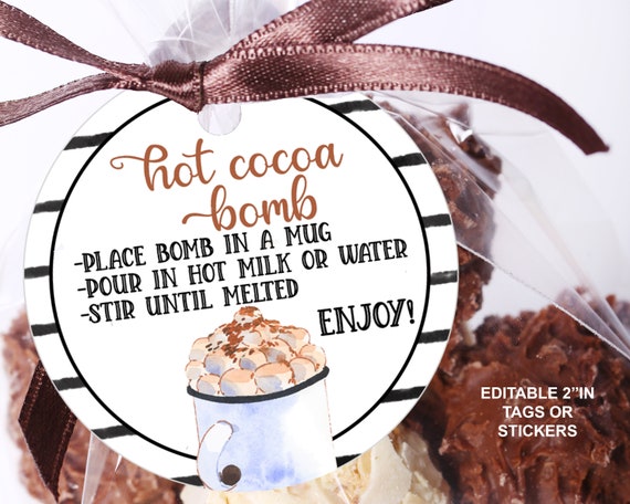 Editable Hot Cocoa Bomb Tags Hot Chocolate Favor Tags Winter Christmas Digital Printable Template, ID203