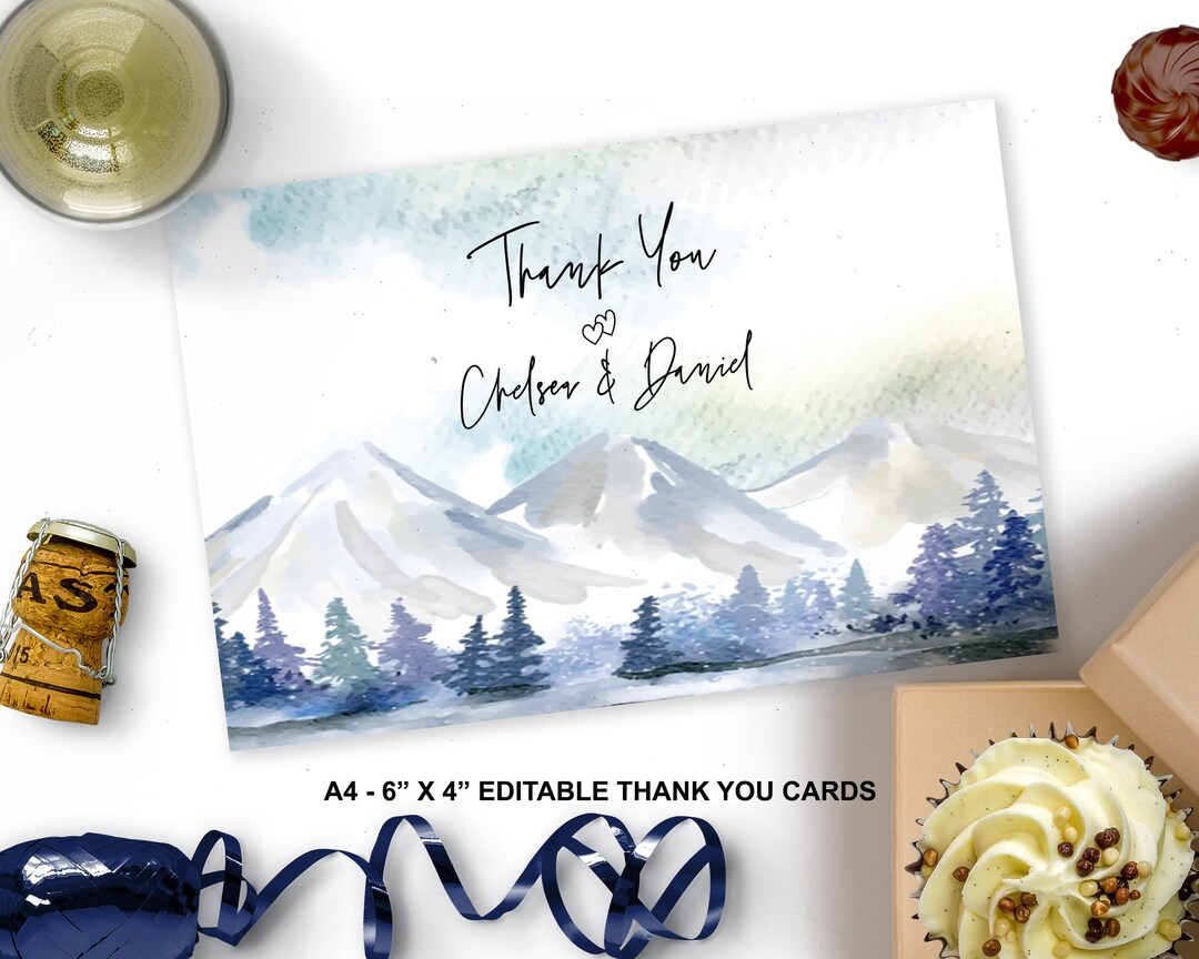 Editable Watercolor Winter Mountain Wedding Thank You Cards Wedding ...
