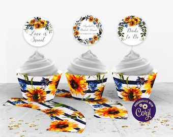 Sunflower Cupcake Toppers, Sunflower Cupcake Wrappers, Sunflower Theme, Sunflower Bridal Shower, Sunflower Cupcake Decorations, ID152