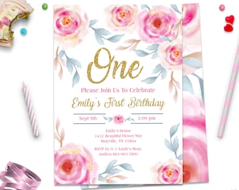 PInk and Gold Floral 1st Birthday Invite, Editable Instant Download, ID145