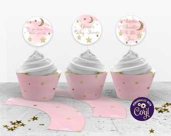 Twinkle Little Star Cupcake Toppers and Cupcake Wrappers Pink, Moon Cupcake Toppers and Wrappers, Editable, Digital Download, ID155