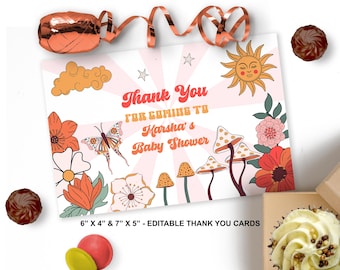 Biglietti di ringraziamento per baby shower personalizzabili, tema floreale retrò boho, 2 formati, download immediato ID228