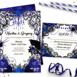 Convites góticos de casamento de Halloween, convite de casamento de outubro, casamento de caveira, conjunto de convites góticos, convite de casamento de Halloween, ID190