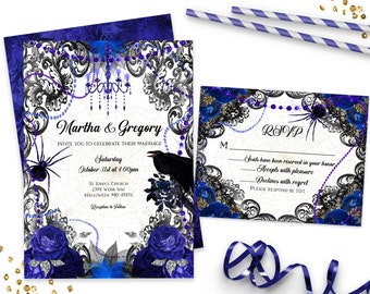 Gothic Halloween Wedding Invitations, October Wedding Invite, Skull Wedding, Gothic Invitation Set, Halloween Wedding Invitation,  ID190