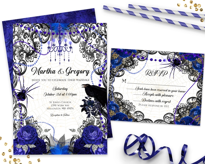 May include: Wedding invitation set with a gothic theme. The invitation features a spider, raven, and floral design in black, white, and royal blue. The RSVP card has a matching design. Includes text: Martha & Gregory, RSVP.