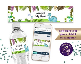 May include: Water bottle label with a green, purple, and blue dinosaur design. The label says "Jennifer's Baby Shower".