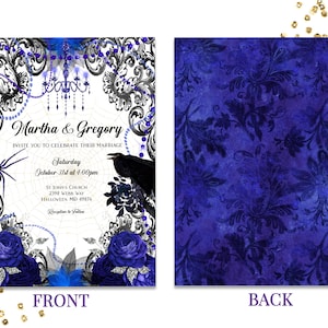 May include: A Halloween-themed wedding invitation with a front and back design. The front features a spider, raven, and floral accents in black and blue, with the names "Martha & Gregory" and event details. The back has a blue floral pattern.